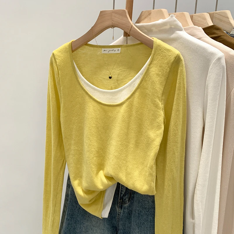 【部分现】撞色假两件长袖内搭打底衫T恤女2024新款松弛感上衣M595