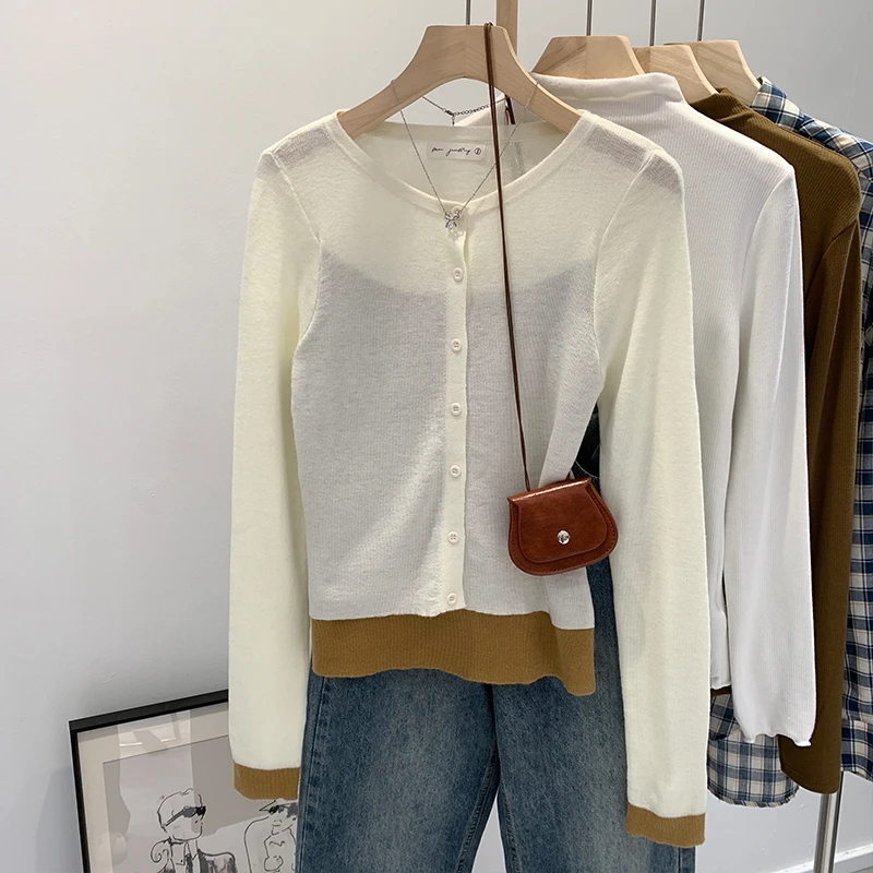 【Q】假两件撞色单排扣长袖针织衫上衣女春夏2024新款上衣M675