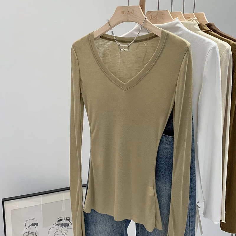 【部分现】简约V领黑色薄款长袖T恤衫女2024早春新款微透内搭7847