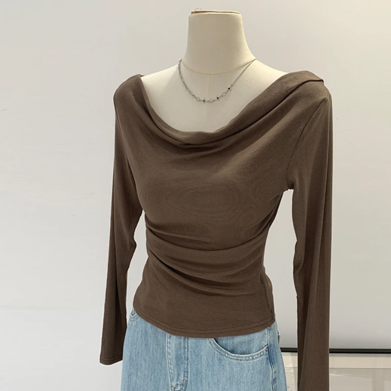 【部分现】2024秋季新款小众ins长袖不规则领露肩修身上衣女240269