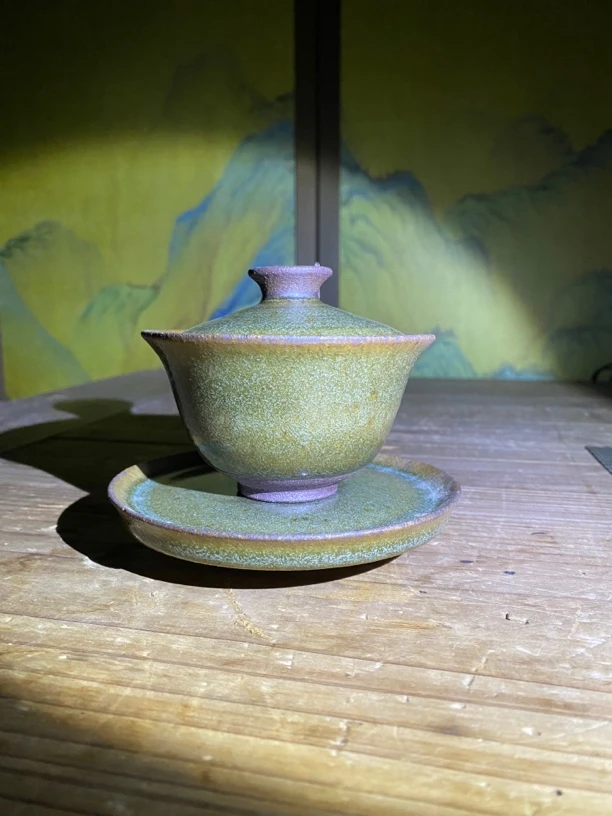 《素雨柴窑》果绿 三才盖碗