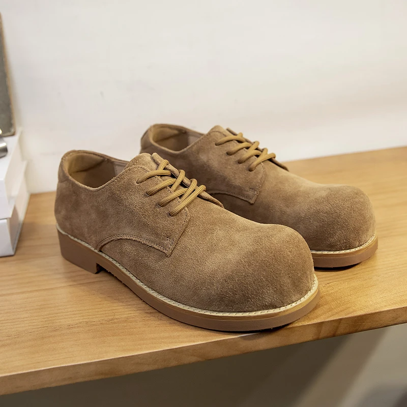 早秋新款翻毛皮德比鞋男真皮软底系带厚底时尚大头鞋增高德训鞋