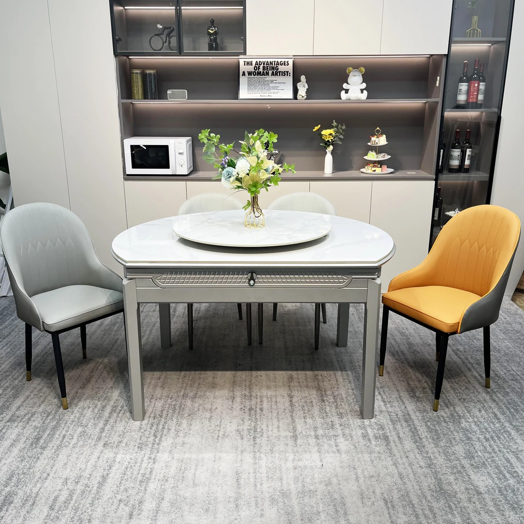 家用轻奢简约高端岩板餐桌可伸缩方圆两用折叠小户型吃饭桌309