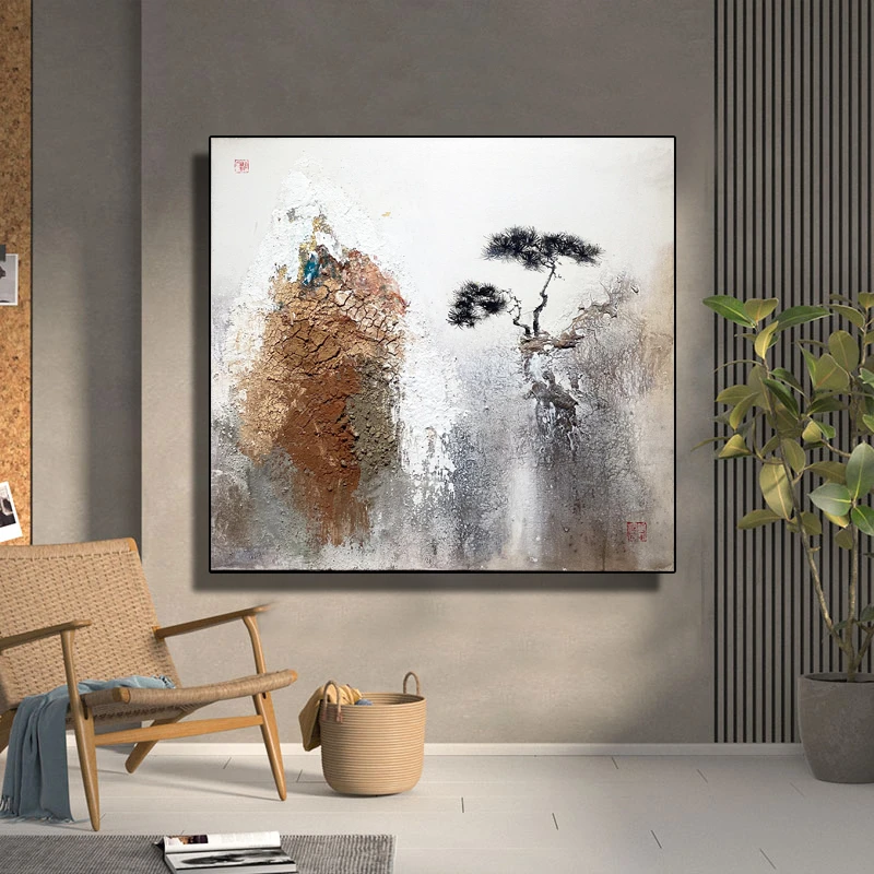 手绘油画客厅背景画餐厅挂画玄关装饰画单幅新中式抽象风景立体