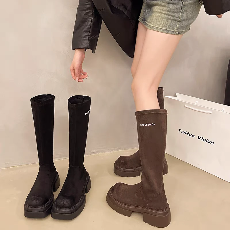 【SiSi】新疆包邮厚底松糕长靴骑士不过膝绒面大筒围显瘦弹力长筒靴