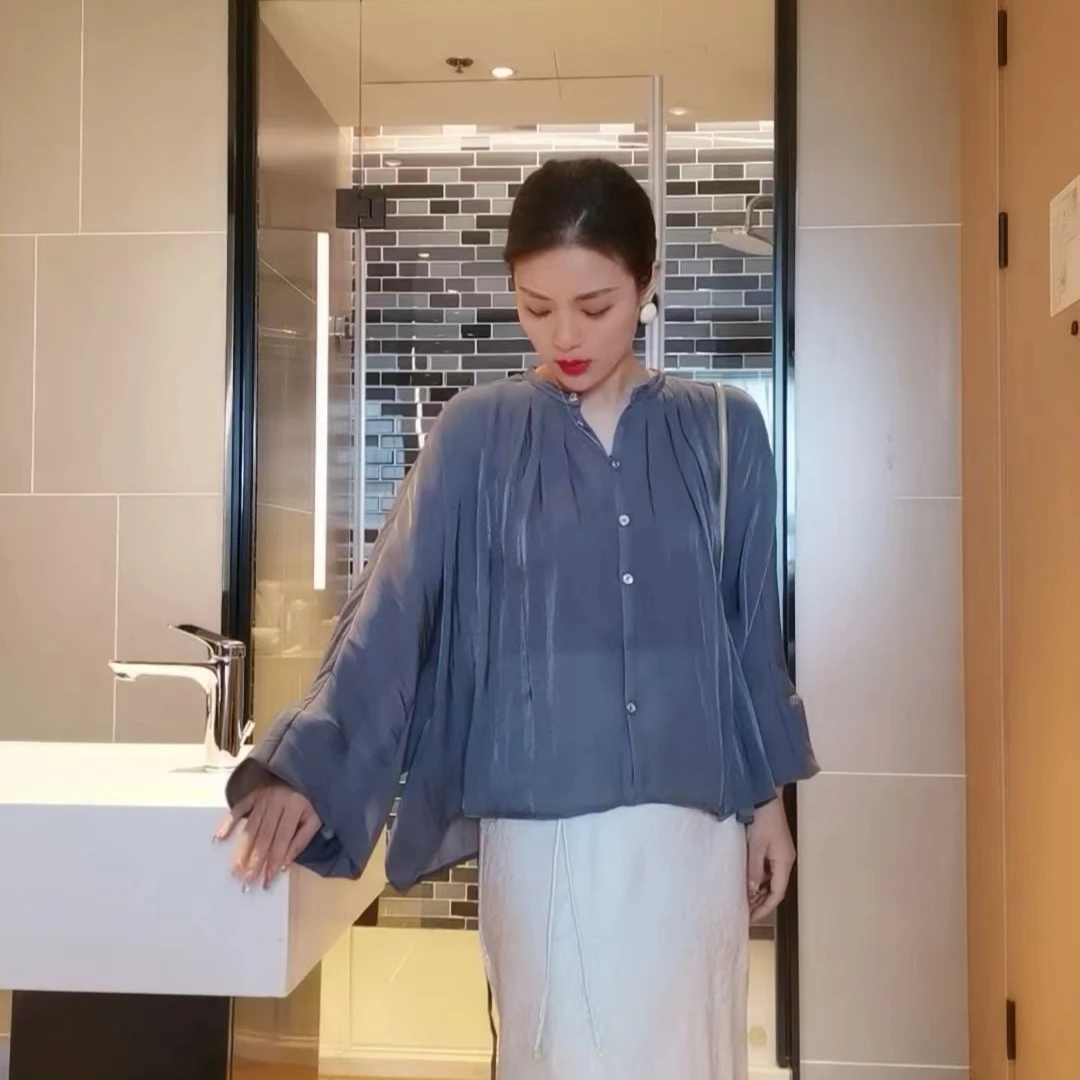 【大妍妍精致女装】长袖褶皱宽松收腰灰色衬衣