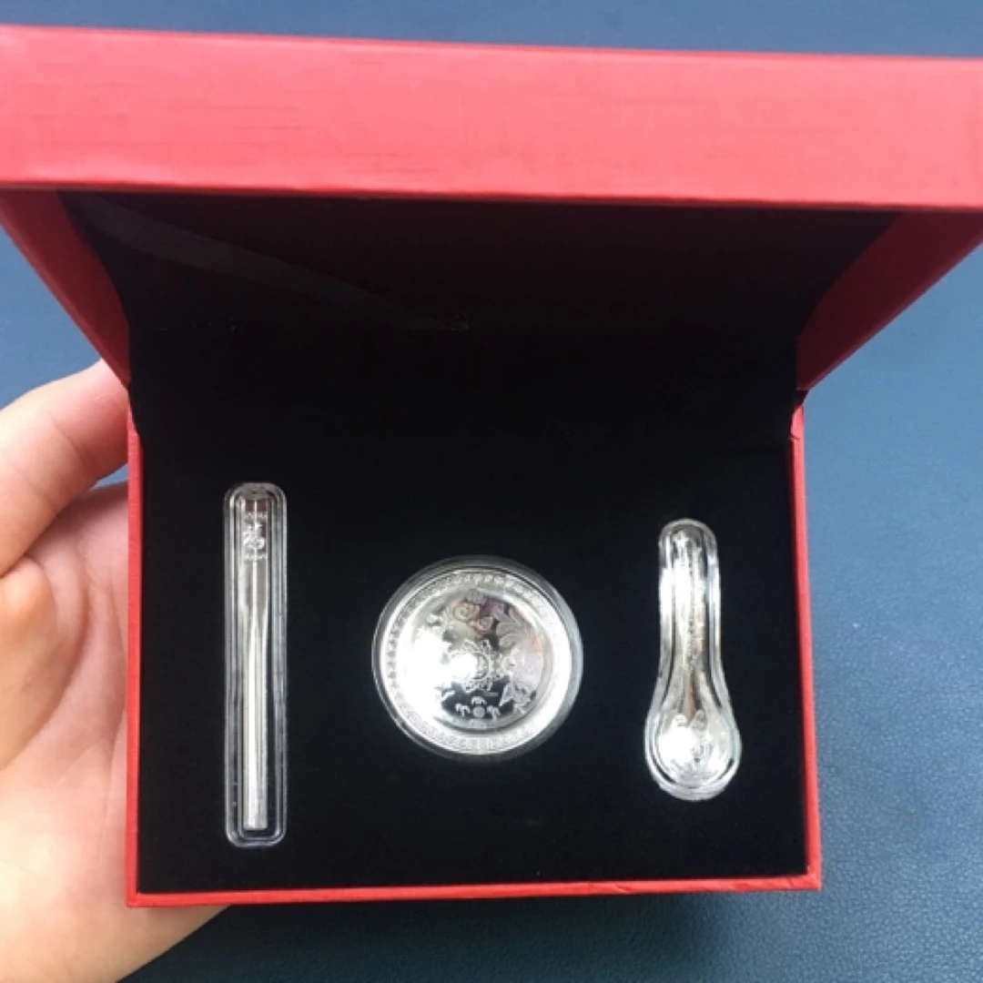 足银银制品 足银999银百福银碗筷三件套摆件素款套装精致精美时尚