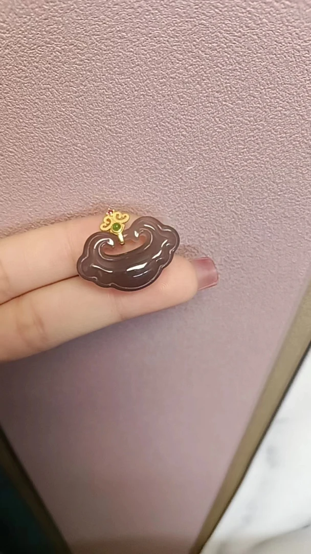 【欢子珠宝】天然老矿冰种烟灰色如意吊坠925镶嵌金色挂坠