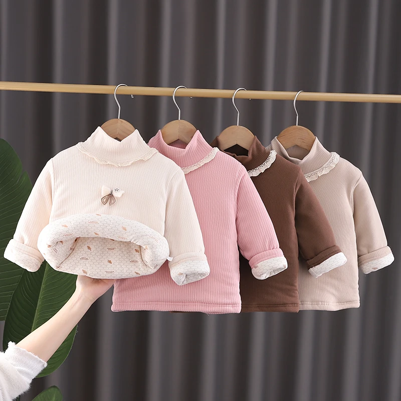 女童冬装加绒加厚打底衫高领小棉袄女宝宝夹棉t恤绒衫