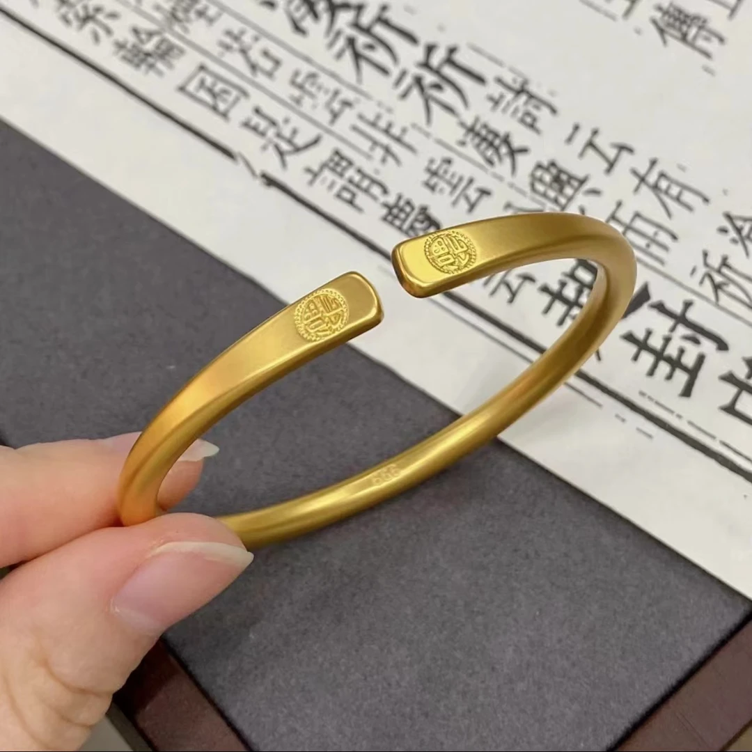 新中式精工打磨古法实心百搭轻奢双福字素圈手镯