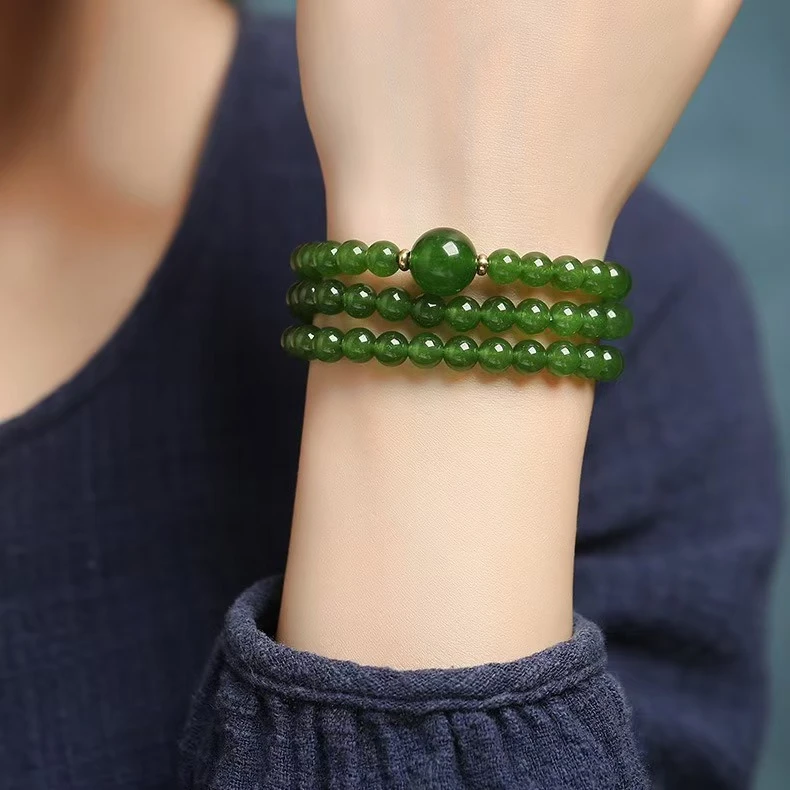 新中式绿菠菜复古风三圈贵族绿色手链ins
