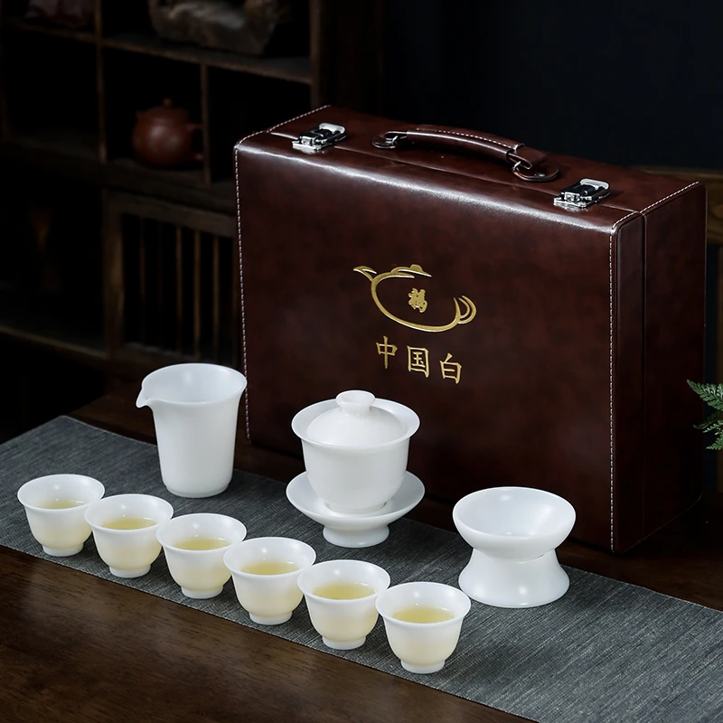 德化高端冰种郭志保羊脂玉瓷盖碗茶具套组纯白中式家用礼品茶具