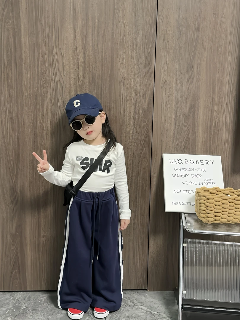 【熙熙TY】韩国童装女童辣妹风短款修身长袖T恤配拉条阔腿裤拖地裤