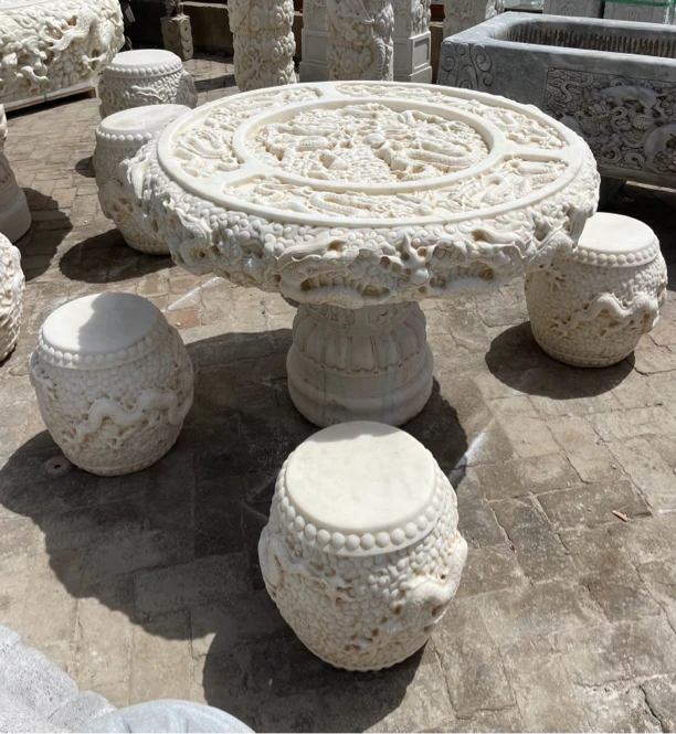 龙桌，一桌四凳，汉白玉，直径1.1米高度70厘米