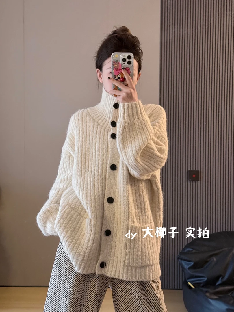 韩系纯色保暖时尚慵懒风宽松软糯翻领排款针织毛衣女秋冬款6628