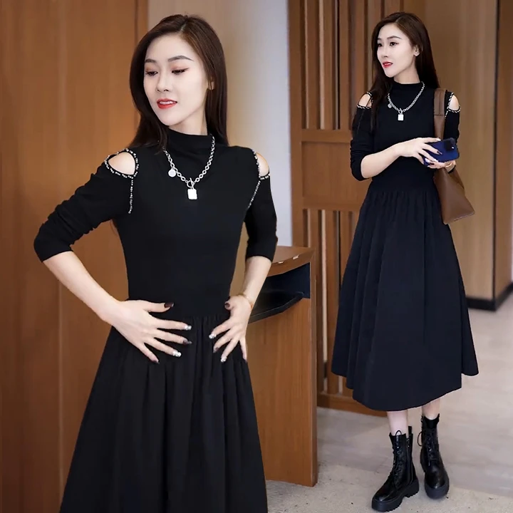 A130#时尚百搭露肩设计感ins风打底小黑裙法式赫本长裙春季2025年