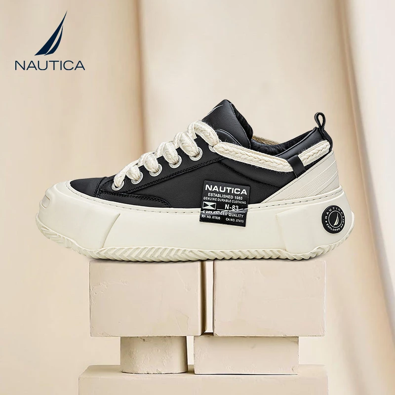nautica/诺帝卡黑武士明星款真皮牛皮休闲百搭潮流潮鞋厚底板鞋