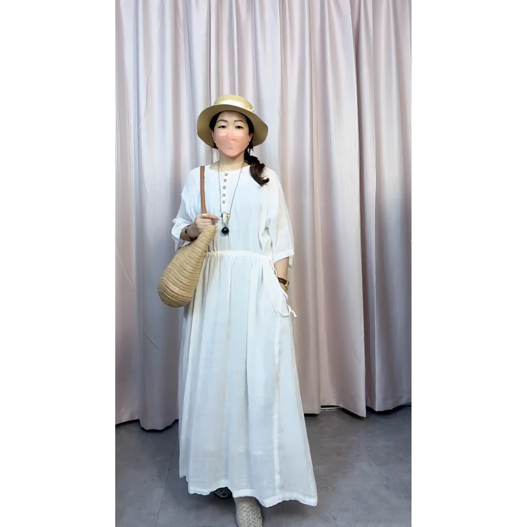 鑫钰高定早秋粗纱亚麻炒色气质显瘦宽松收腰女装连衣裙