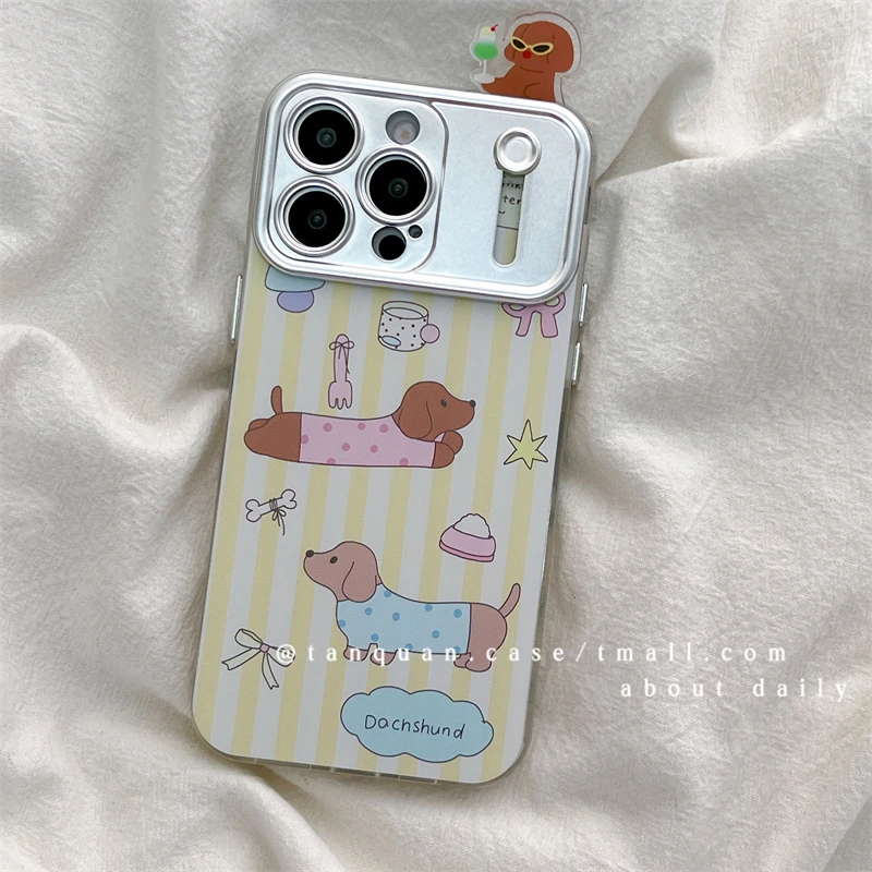 ins卡通可爱条纹腊肠狗适用苹果15promax手机壳iphone14pro新款13