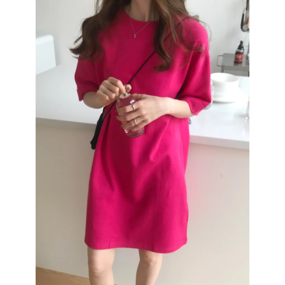 纯棉玫红色短袖t恤女夏连衣裙中长款休闲宽松T恤显瘦简约上衣女潮