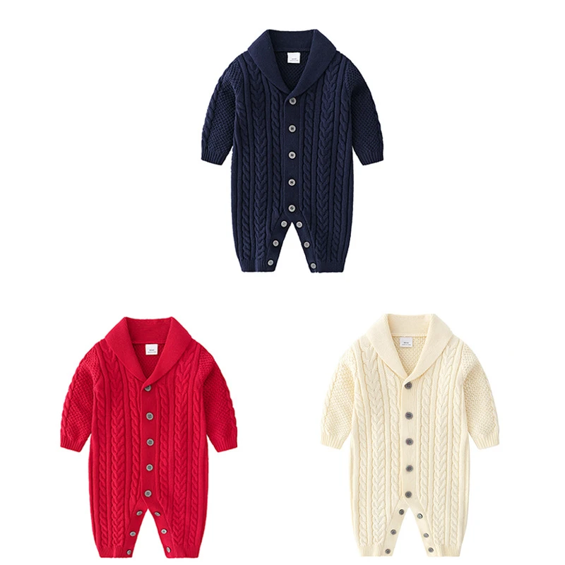 新款帅气男宝女宝翻领麻花针织连体衣洋气婴幼儿毛线爬服