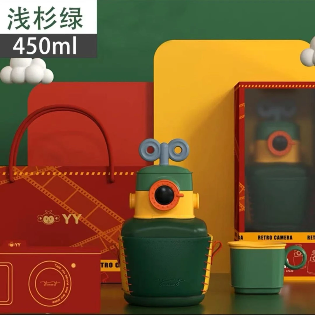 YY朋克儿童保温壶复古相机杯吸管316可爱蝴蝶结礼品