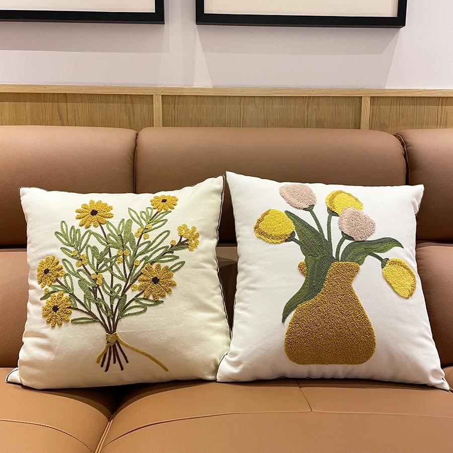 即简时光北欧ins小清新刺绣抱枕花朵抱枕客厅沙发靠垫卧室靠枕套