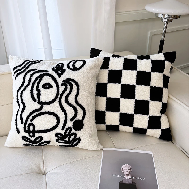 北欧ins客厅沙发抱枕靠垫黑白艺术简约抱枕套床头卧室靠枕棋盘格