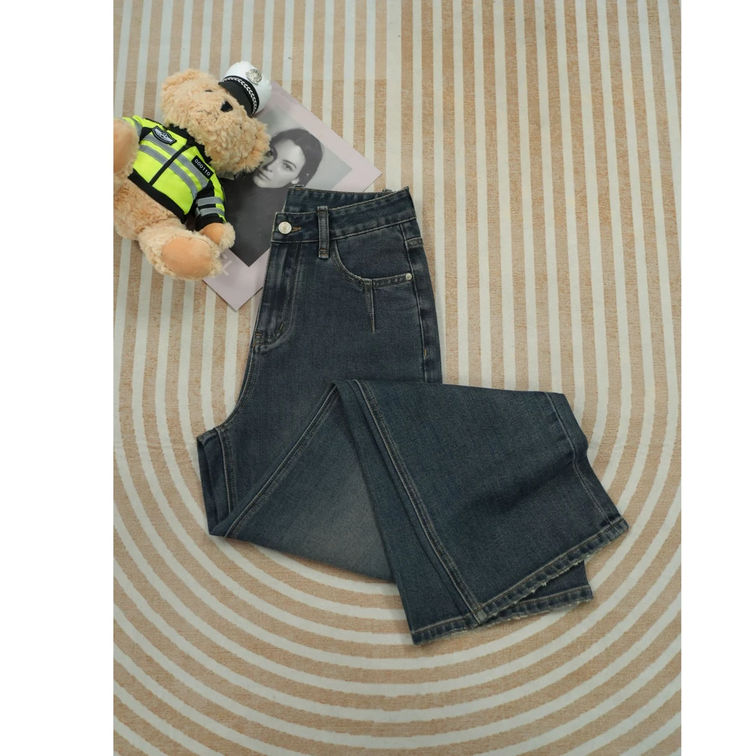 EOL秋冬新款高腰窄版弹力阔腿直筒牛仔裤女显瘦休闲百搭宽松7005