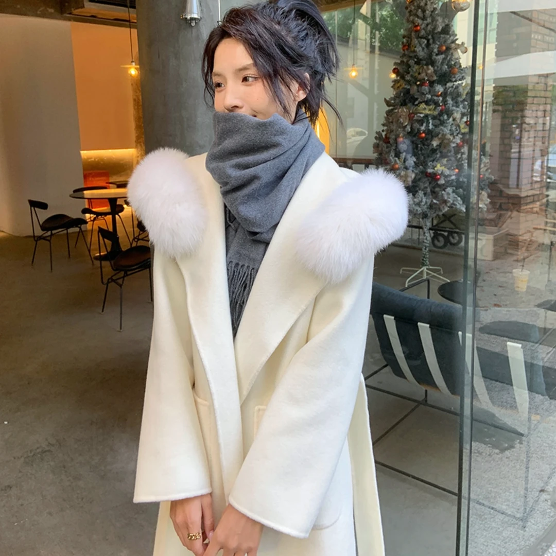 美妮—【雪后初霁】爆款狐狸毛腰带浴袍系列款纯手工羊毛大衣