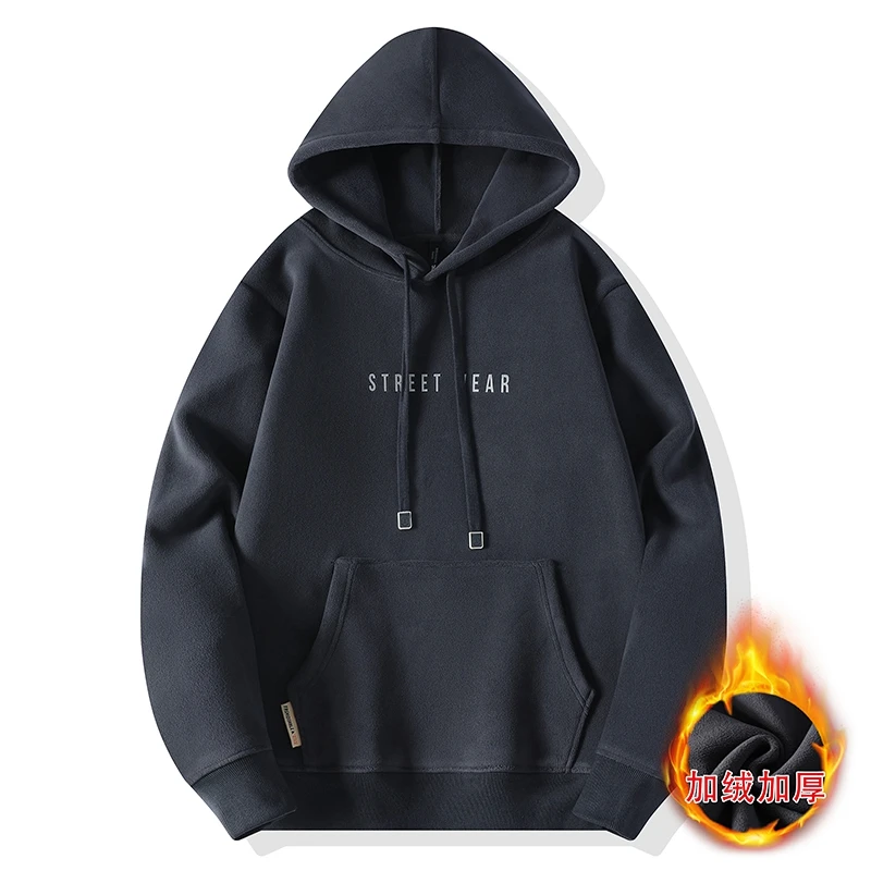 重磅奥粒绒连帽卫衣男士秋冬季新款保暖纯色双面绒长袖潮流外套