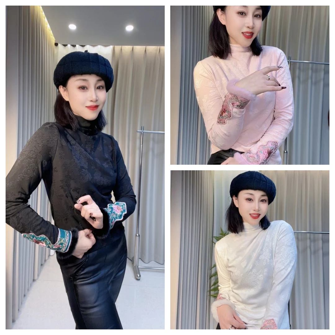 8819秋冬新款德绒高领T恤民族刺绣复古绣花长袖女打底保暖上衣