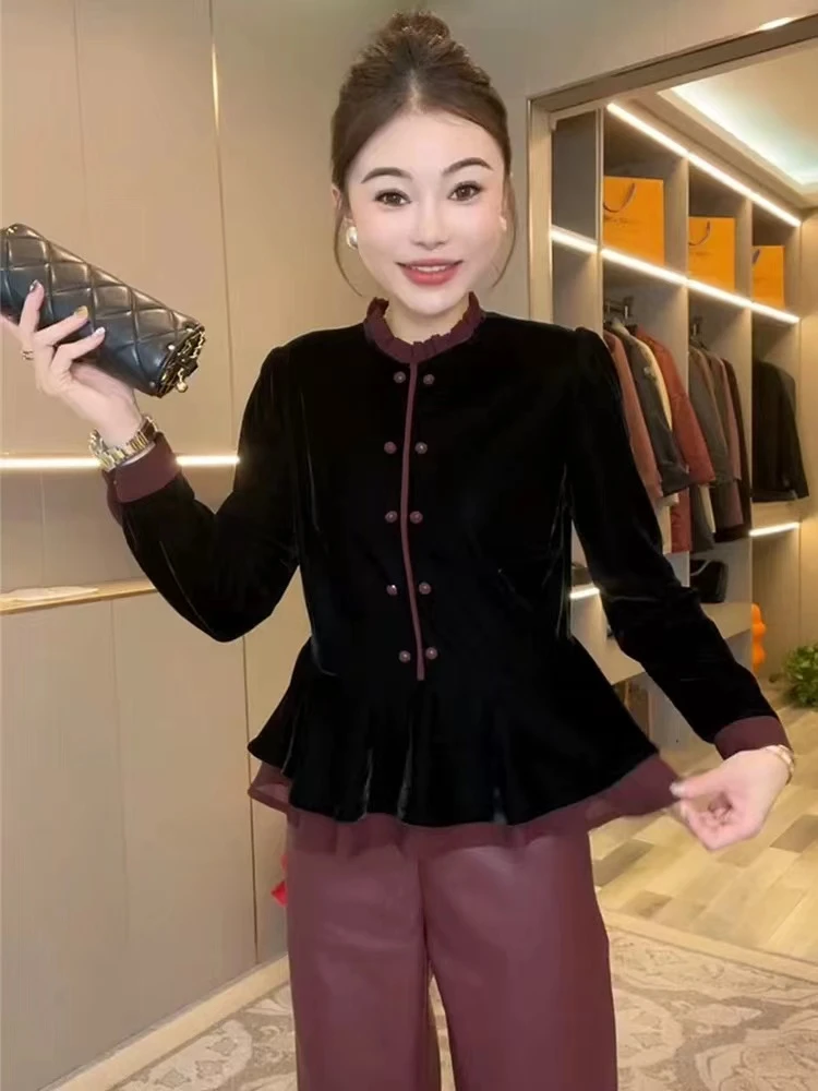 3625新中式国风假两件金丝绒衬衫女秋冬圆领长袖设计荷叶边打底衫