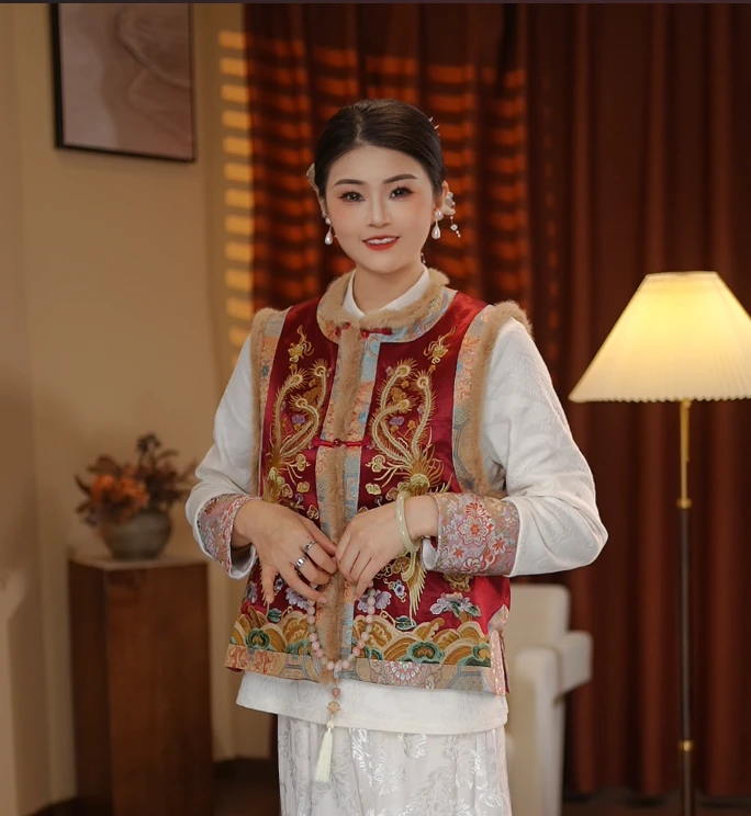 【飞凤-马甲】新中式国风提花高定百搭时尚飞凤绒边马甲