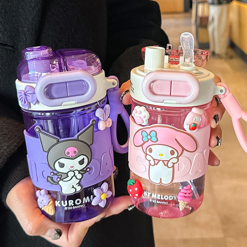 库洛米儿童水杯tritan双饮杯学生上学专用大容量女孩防摔吸管杯子