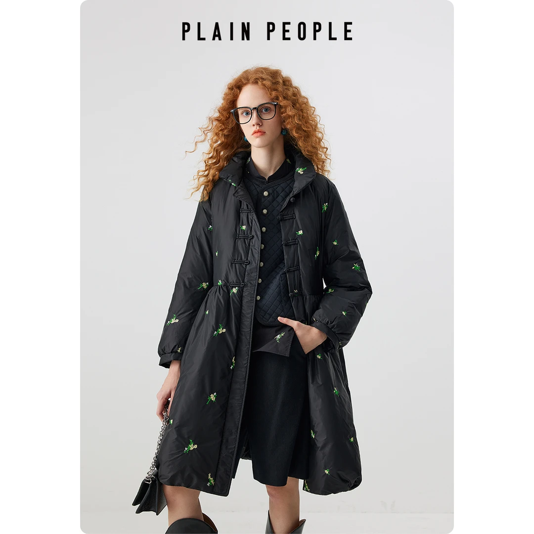 PLAIN PEOPLE【新中式】盘扣老钱风绣花中长款羽绒服外套女