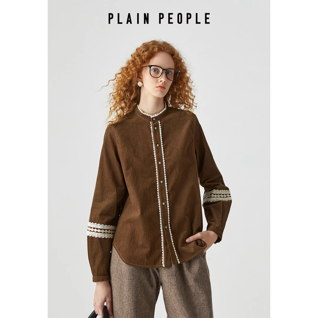 PLAIN PEOPLE法式复古学院灯芯绒立领撞色衬衫上衣女黑色2025冬季