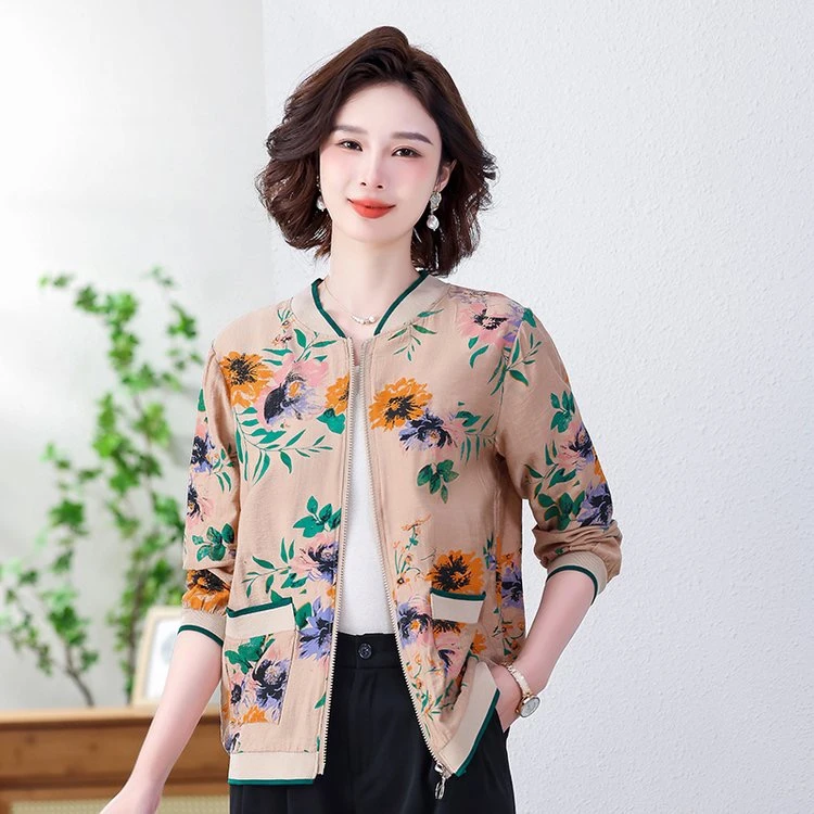 中年妈妈装长袖开衫休闲时尚洋气印花薄款宽松外套女士大码上衣