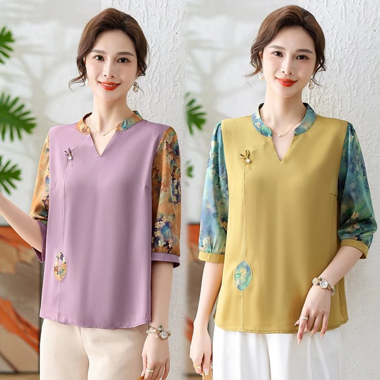 中年女装时尚洋气中袖T恤夏季宽松显瘦中式妈妈装上衣