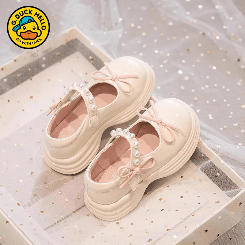G.DUCK小黄鸭女童公主鞋小皮鞋儿童珍珠蝴蝶结浅口女孩春秋软底鞋