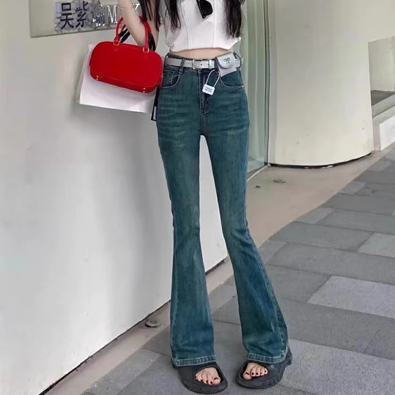 复古辣妹微喇牛仔裤女高腰2024秋新款弹力修身显瘦百搭拖地喇叭裤