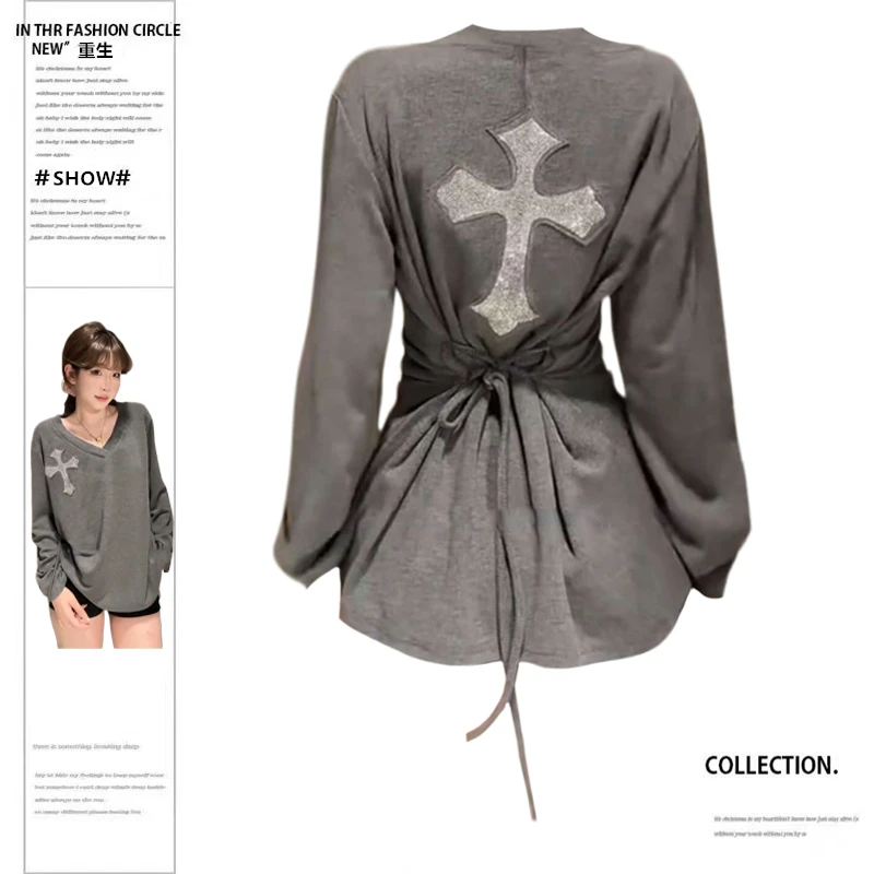 大码胖MM辣妹风十字架针织长袖t恤女秋冬设计感系带收腰包臀上衣