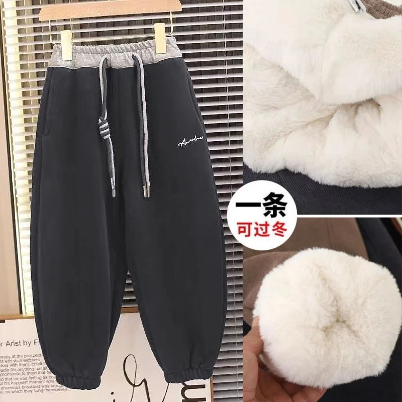 男童加绒裤子加厚儿童运动裤2024冬装新款中大童卫裤帅气时尚宽松