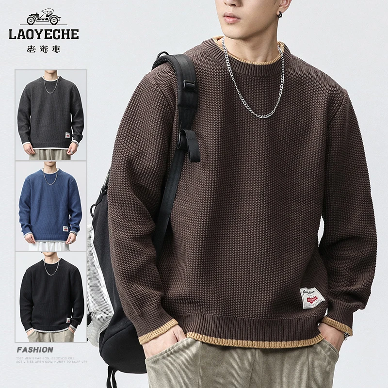 老爷车男士高档保暖毛衣2024秋冬季潮牌针织衫美式复古圆领打底衫
