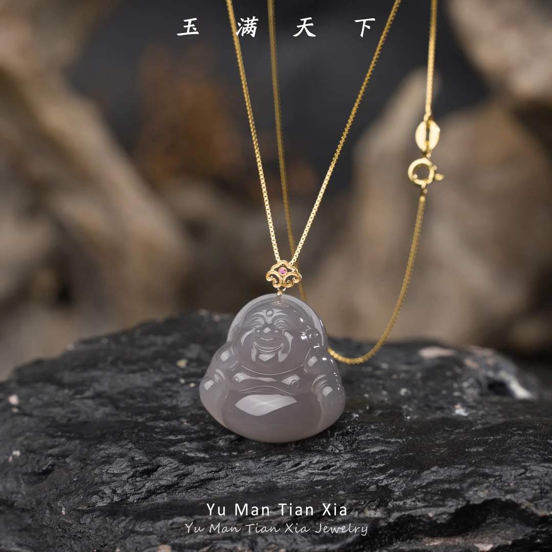 玉满天下【央广珠宝】18k金镶嵌冰烟紫佛公和田玉吊坠