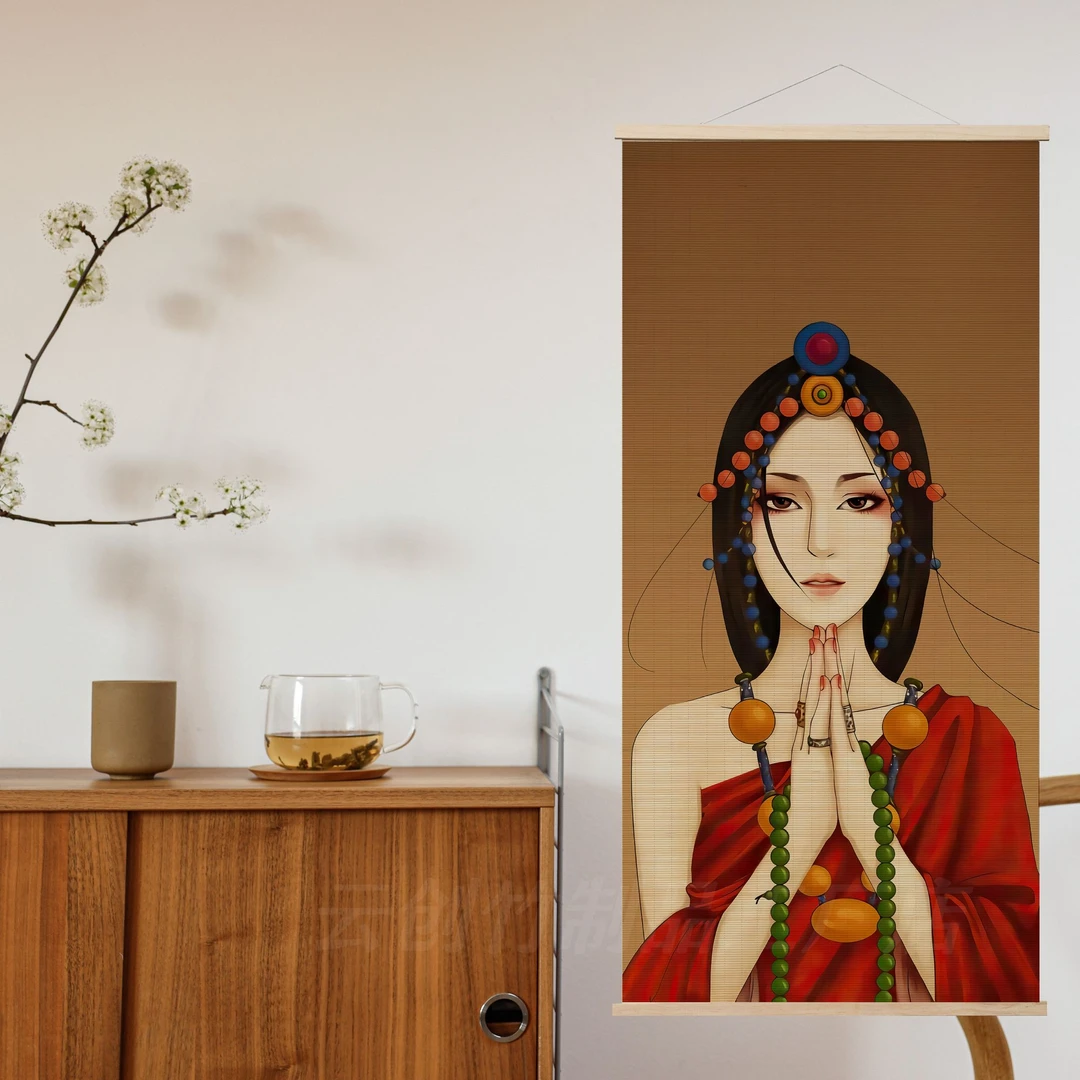 国潮中式竹编装饰画客厅玄关墙面窗帘卷帘挂画花旦虔诚卓玛少女