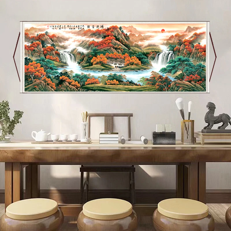 《鸿运当头》大气背景墙横幅挂画国风山水靠山风景装饰画S8装裱高档