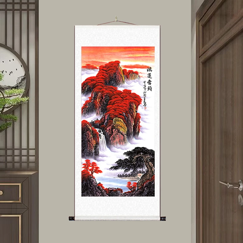 《鸿运当头》新中式大气背景墙竖幅版画玄关挂画国风山水画装饰画Q1