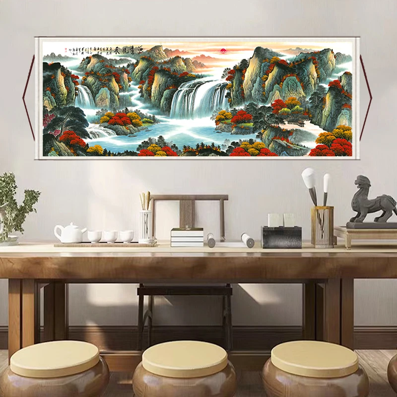 丈二《源远流长》大气背景墙版画横幅挂画国风山水靠山图装饰画E3