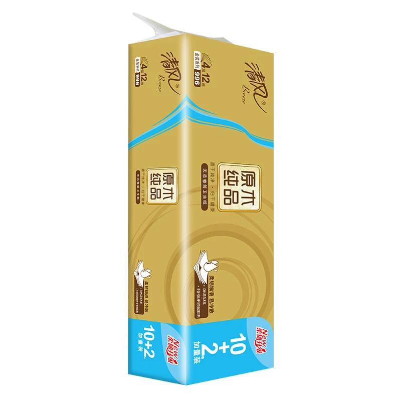 清风卷纸家用厕所卫生纸4层加厚不易破亲肤柔软4层金装12卷家庭装